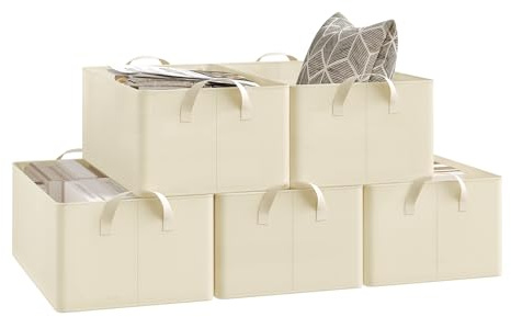 WOLTU Aufbewahrungsbox 5 Stück, mit Griffen, faltbar, Creme, 47x20x28 cm | aus Polyesterstoff, für Schlafzimmer, Arbeitszimmer, Wohnzimmer, für Kleidung Spielzeug, Organizer Box mit Griffen, faltbar,