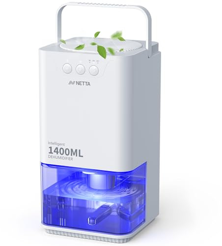 NETTA Dehumidifiers for Home Damp 1400ml Dehumidifier with Ultra Quiet & Auto Shut off 3 Colorful LED, 24Hr Timer Portable Mini Dehumidifier for Wardrobe Bathroom Closet - White