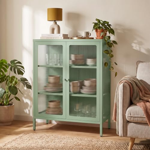 skølm Norns Metallkommode 80 cm, Glastüren, Mintgrün, geriffelte Front | Vitrinenschrank, Sideboard mit 3 verstellbaren Fächern, Glasvitrine, Kommode Wohnzimmer & Flur, Buffetschrank, Metallschrank