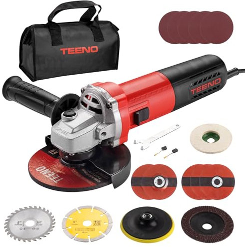 TEENO Smerigliatrice Angolare 125 MM 1000W 2000-12000 giri/min Con 20 Accessori,Flessibile da Taglio Disco da 125 mm,Tagliare e Levigare, Lucidare, Metallo, Legno, Ceramica,Pietra,Borsa per Attrezzi﻿