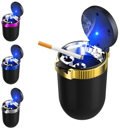 BWBWND Car Ashtray with Lid, Detachable Stainless Steel Smokeless Ash Tray with LED Blue Light, Waterproof Portable Mini Auto Trash Can for Vehicle Cup Holder, Car Accessories (Golden)