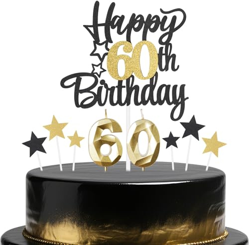 Black Gold 60th Birthday Candles Cake Toppers Set,60th Birthday Decorations for Men,Golden Number 60 Candle for Cake,Gold Candle Black Star Cupcake Toppers for Men Women Birthday Party Supplies