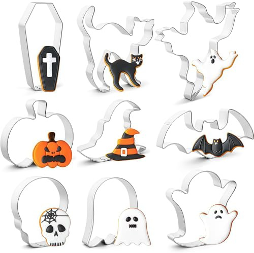 SOPSTUO Halloween Cookie Cutters - 9Pcs Biscuit Cutters with Pumpkin, Ghosts, Bat, Black Cat, Witch's Hat, Skull, Coffin for Baking, Stainless Steel (Halloween)