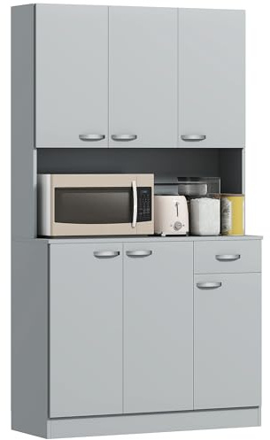 HOMCOM Alacena de Cocina Mueble Auxiliar de Cocina Alta con 6 Puertas Cajón Encimera Abierta y Estantes Ajustables Estilo Moderno Gris 101x39x180 cm