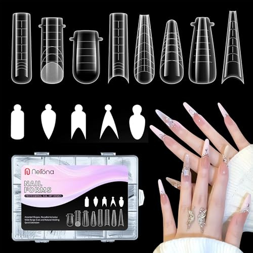 Dual Nail Forms for Poly Gel 312 PCS, 8 Shapes 12 Sizes French Nail Forms Extension Nail Molds and Silicone Reusable Stickers for Manicure Extension Nail Art Design Salon & DIY