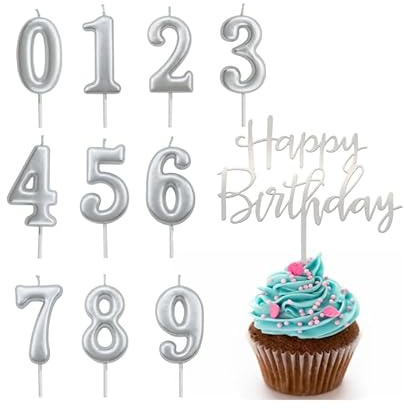 10 candele di compleanno in argento con numeri da 0 a 9, candele con numeri da 0 a 9, candele per compleanno, compleanno, anniversario di matrimonio, festa