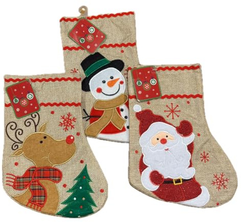Lot de 3 Bottes brodées de Noël effet Lin - Chaussette de Noël pour la cheminée - à suspendre. A remplir de bonbons, chocolats ou cadeaux. 3 visuels différents par lot (1 exemplaire de chaque visuel)