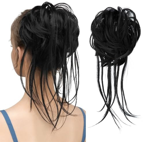 jianjunchaling Messy Bun Haarteil, Zerzauste Hochsteckfrisur Extensions Wellige Wickel Pferdeschwanz Haarteile Scrunchies mit Gummiband for Frauen Hair Ponytail for Women Girls(Jet Black)