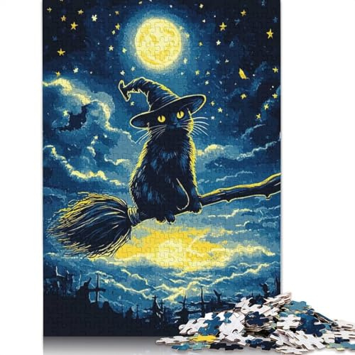 Black Cat Witch On Broom Jigsaw Puzzles for Adults 1000 Piece High Challenging DIY Large Puzzle Educational Toy Funny Family Games Unique Home Decor 1000pcs (75x50cm)