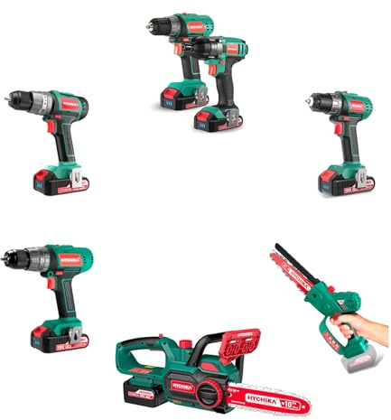 HYCHIKA 7 Piece Cordless Power Tool Combo Kit (4 x 18 V Cordless Drill, 1 x Impact Driver, 1 x Mini Cordless Chainsaw, 1 x 10 Cordless Chainsaw) Complete with 5 x 2.0AH Battery, 2 x 4.0AH Battery