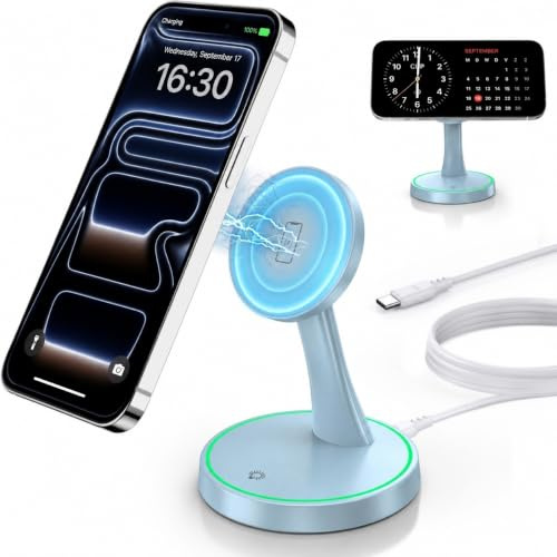 Induktive Ladestation Kompatibel mit MagSafe Ladegerät,OANDYS 2 in 1 15W Schnelles iPhone Ladestation für iPhone 17/16/15/14/13/12Serie und für AirPods,Wireless Charger mit schlaffreundlichem Licht