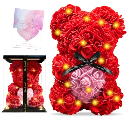 Rosenbär,Rosen Teddybär,Rosenteddy Bär,Rosenblumenbär mit Valentinstagskarte, Geschenkbox und Warmweißer LichtdekorationSüße Geschenke für freundin,Muttertagsgeschenk,Romantische Geschenke für frauen