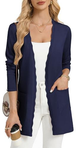 GRACE KARIN Womens Long Cardigans, Summer V Neck Cardigan with Pockets | Slim-fit, thigh-length. Open front with wavy trim, medium stretch. Versatile over dresses, tops & tanks for all seasons