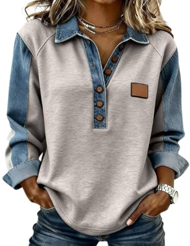 Generisk damdenimtröja med krage och knappslå vintage våffelstickad jeanströja i lappteknik design casual blus som stickad topp, 01, S