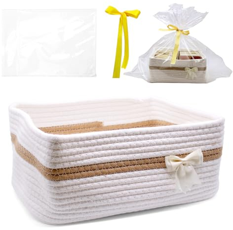 WYYFXY Corbeille de présentation, vide, tressée avec sacs en cellophane et nœud, en corde de coton, pour cadeaux, vacances, anniversaires (blanc)