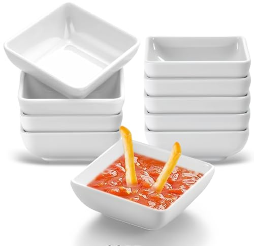 Dwitkul Lot de 10 Coupelles à Sauce 7.3x7.3x2.7 cm, Petits Bols Carrés Blancs en Plastique pour Apéritif, Sushi, Sauce Soja, Ketchup, BBQ, Vinaigre, Empilables et Réutilisables pour Dîners de Fête