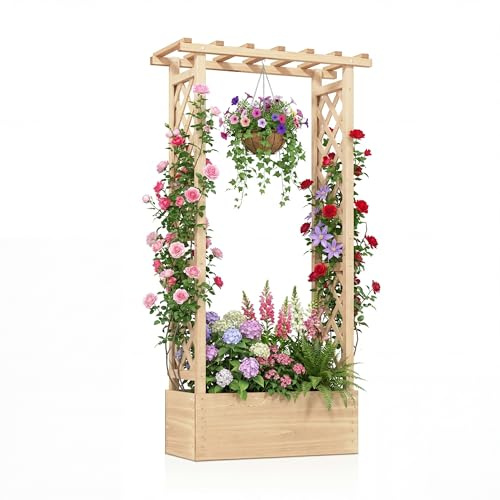 HOMASIS Blumenkasten mit 2 Rankgitter & Dachregal, Hochbeet mit Spalier, Holz Pflanzkasten für Kletterpflanz, Pflanzkübel Pflanzgefäß Rankhilfe für Garten Balkon Terrasse (Natur, 78x36x152cm)