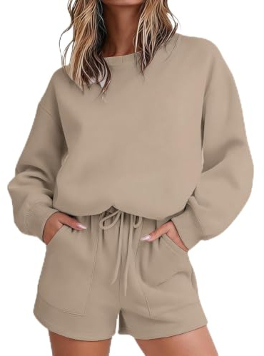 Womens 2 Piece Lounge Wear Tracksuit Full Set Airport Co Ord Outfit | Long Sleeve Oversized Sweatshirts and Wide Leg Sweat Shorts Fall Winter Leisure Suits Gym Workout Yoga Clothes Activewear