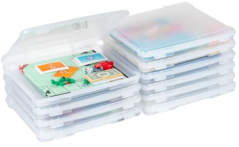 IRIS USA Board Game Storage Craft Organizer Box with Snap-Tight Latch Lid, 10-Pack Portable Plastic Case Bin for Puzzles, Magazines, Hobbies, Art Supplies, Fits 8.5 x 11 & A4 Papers, Slim, Clear
