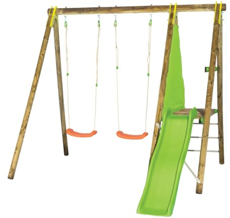 Portique Bois avec 2 Balançoires + 1 Plateforme avec Toboggan - J-16597P4