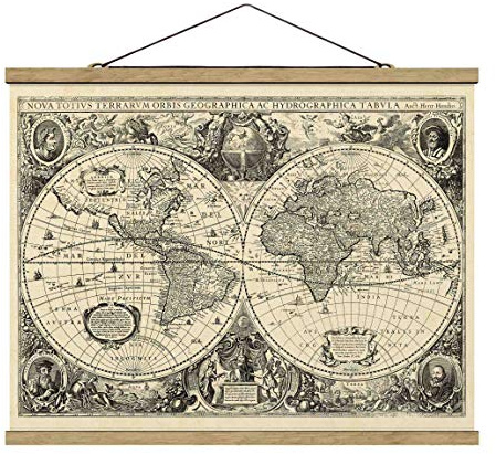 Bilderwelten Stoffbild Posterleisten - Vintage Weltkarte Antike Illustration - 26x35cm Eiche