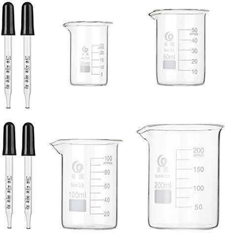 Hyber&Cara Glasbägarset – 4-pack graderad lågform mätbägare 25 ml 50 ml 100 ml 200 ml med 4 st 1 ml glaspipett
