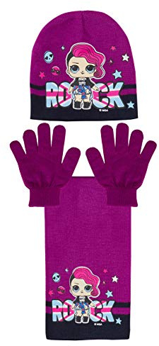 LOL Surprise Dolls Cappello in lana + sciarpa + guanti Set invernale per bambini regalo di Natale Roccia - Viola 3-5 anni
