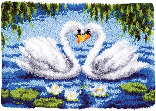 Schwan Knüpfset 3D Tapisserie Teppich Knüpfteppich Zum Selber Knüpfen Knüpf-Sets Kreuzstich Set Knüpfen Set Für Kinder Und Erwachsene Latch Hook Kit DIY Handwerk Geschenk 52Cm X 38Cm