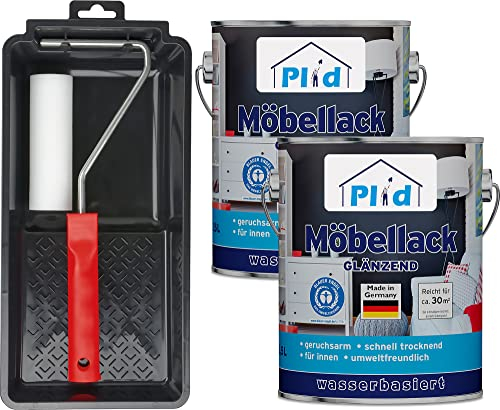 Plid® Möbellack Weiß Glänzend, 5 l Set - [DIN EN 71.3 - KINDERSPIELZEUG - GEEIGNET] - innen & aussen - Blauer Engel - Weisslack - Türenlack - Holzlack - Spielzeugfarbe - Made in Germany