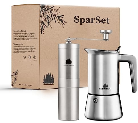 Groenenberg Spar Set 2: Kaffeemühle manuell + Espressokocher Induktion (4 o. 6 Cup) | Mokkakanne und Coffee Grinder