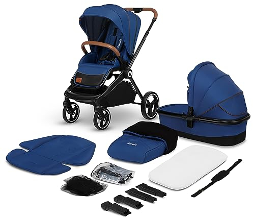 LIONELO Mika 2in1 Kombikinderwagen. Babywanne, Kinderwagen, Buggy. Regenschutz, Schultergurt zum Transport, Matratze, Moskitonetz, Fußabdeckung, wasserdichtes Material, Gummiräder (BLUE NAVY)