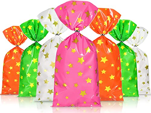 Pajean 100 Pcs Cellophane Treat Bags, Polka Dots Goodie Bags Star Party Favor Treat Candy with 100 Twist Ties Rainbow Stars Theme for Birthday Baby Shower Pride Day School Supplies (Star Style)