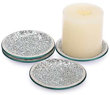BSTKEY Set di 4 piatti a forma di mosaico in vetro, 10 cm, 4 portacandele rotondi, supporto decorativo per candele a pilastro, tealight, sottobicchieri (argento)