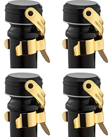 WOTOR Sektverschluss und Weinverschluss Edelstahl Sektflaschenverschluß Wiederverwendbar weinflaschenverschluss, Auslaufsicher hält frisch (Golden, 4 Stück) | Lebensmittelechtes Silikon, auslaufsicher, hält frisch, geeignet für Wein, Champagner, Cava, Prosecco und Sekt