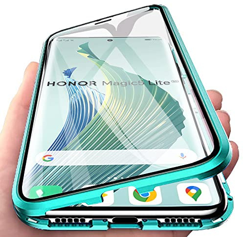 Orgsty Funda para Honor Magic 5 Lite / X9a, Absorción Magnética Cubierta Vidrio Frontal y Posterior Case Marco Metal Súper Delgada Protección de 360 Grados Funda, Verde