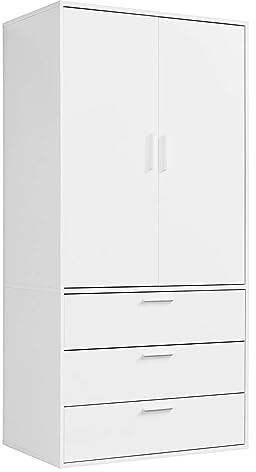 mokebo Kleiderschrank (90x187 cm) aus Holz 2-türig & 3 Schubladen 'Der Grenzenlose', modularer Schlafzimmerschrank, Garderobenschrank, Flurschrank, Drehtürenschrank o. Schrank in Weiß