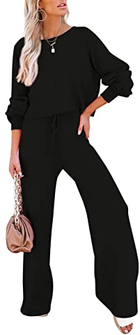 Sovoyontee Damen 2-Teiliges Set Loungewear Langarm Kurz Top Weitem Hose Pullover