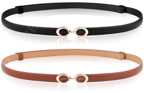 EIOKBECY 2 Stück Skinny Ledergürtel für Damen Verstellbarer dünner Gürtel Schmaler Taillengürtel mit Gold metallschnalle für Kleider und Mantel