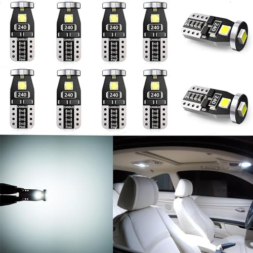 YOUNLEN 10 Pcs W5W T10 LED Ampoule De Remplacement,168 Ampoule LED,2825 194 T10 Ampoule LED W5W,12V 300LM,+300% De Luminosité,LED Interior Car Lights,Ampoule W5W LED,Ampoules LED Pour Voiture(Blanc)
