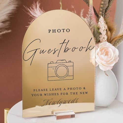 Pahdecor Personalisierte gewölbte Gold Spiegel Photo Booth Gästebuch Acryl Hochzeit Leave A Note & Well Wishes Schild Benutzerdefinierte Moderne Minimalistische Hochzeit Tischdekoration