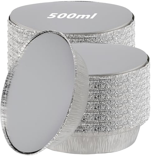 LEXININ 100 Pack 6 Inch Round Aluminium Foil Pie Trays, 500ml Foil Flan Cases Dishes with Lids for Baking Cooking Roasting