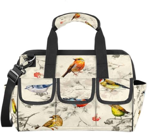 Borsa per attrezzi da giardino con ciuffolotti invernali, borsa per attrezzi da giardino, multitasche, a bocca larga, resistente, impermeabile, con tracolla regolabile (vintage)