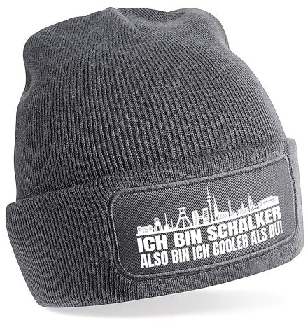 Herzbotschaft Beanie Strickmütze mit Spruch | Ich Bin Schalker Also Bin ich Cooler als du! | grau | weiche und warme Fußball Mütze für Schalke Fan | Skyline | SoftTouch Einheitsgröße für Erwachsene