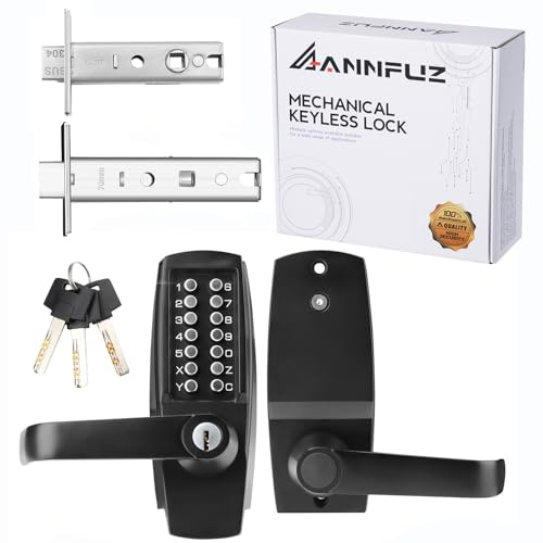 ANNFUZ Digital Code Entry Door Lock with Handle & Key,Mechanical Keyless Push Button Combination Keypad Door Lever Lock,for Garden Gate, Fence,Warehouse,No Electronic,Black