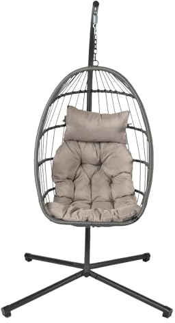 OHS Rattan Swing Egg Chair Grey, Outdoor Hanging Chair for Garden Indoor Patio Furniture Relaxing Comfy Swing Chair with Soft Grey Cushion Included
