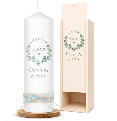 AMARI ® Hochzeitskerze personalisiert Eukalyptus 25/8 cm - mit Namen & Datum – Elegante Traukerze für Hochzeit & Standesamt – Individuelles Geschenk zur Trauung