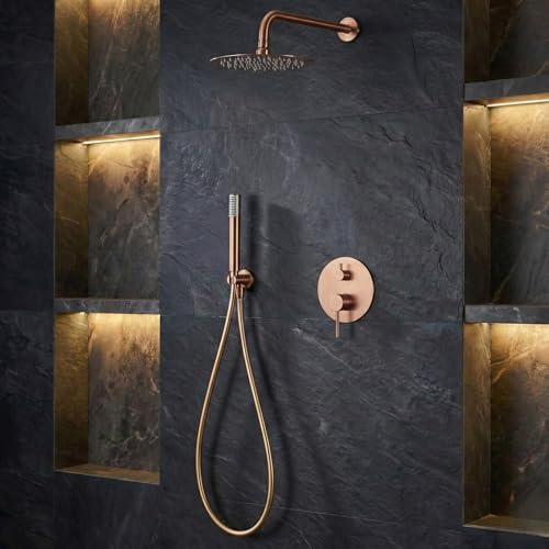 IMEX - Ducha Empotrada Monomando Oro Rosa | Kit de Grifería Empotrado con Alcachofa y Rociador Antical Efecto Lluvia | Columna Ducha Empotrada con Grifo en Latón y Acero Inox S.304 | Serie Monza