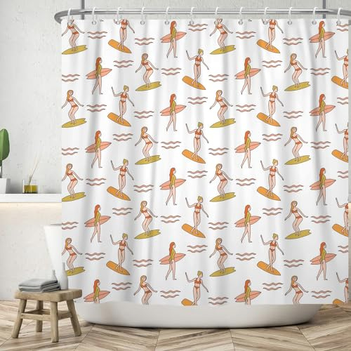 ASDCXZ Lustig Duschvorhang 180x200 cm, Niedlich Bikini Mädchen am Meer Surfen Lustig Bad Waschbar Duschvorhänge Badevorhang Polyester Textil Wasserdicht Duschvorhang für Badewanne mit 12 Haken