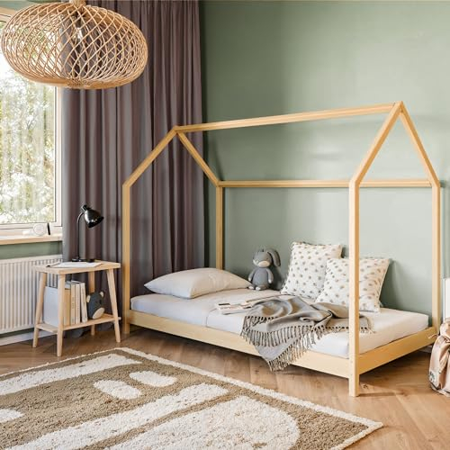 Kids Collective Hausbett Kinderbett 90x200 cm Bett mit Lattenrost Bed Kinder Jugendbett Einzelbett Spielbett Bodenbett Hausbett Himmel | Natur Junge Mädchen | von 4. bis 18. Lebensjahr