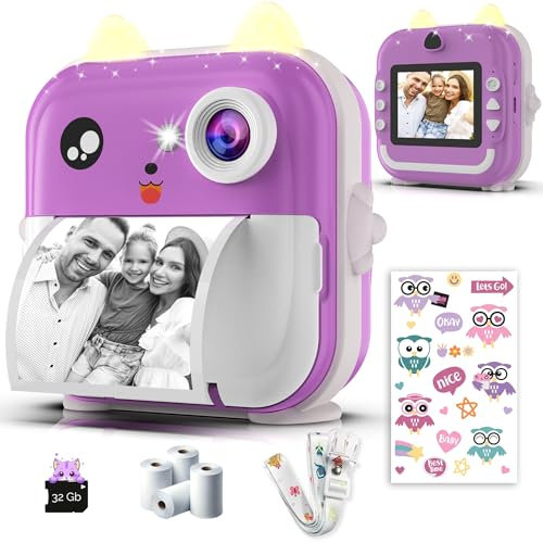 Appareil Photo Instantané pour Enfants Double Objectif 48MP, Vidéo 1080P, Impression Thermique, 4 Rouleaux de Papier – Application Bluetooth, Carte 32 Go – Cadeau pour Filles & Garçons - Violet